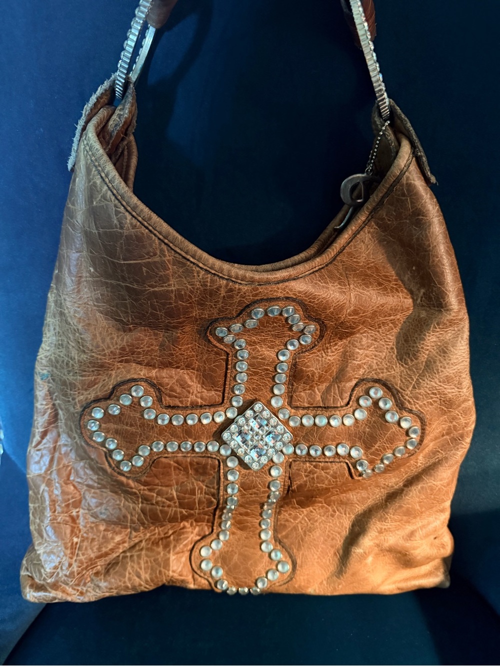 Raviani Brown Leather Hobo with Swarovski Crystal Cross Accent